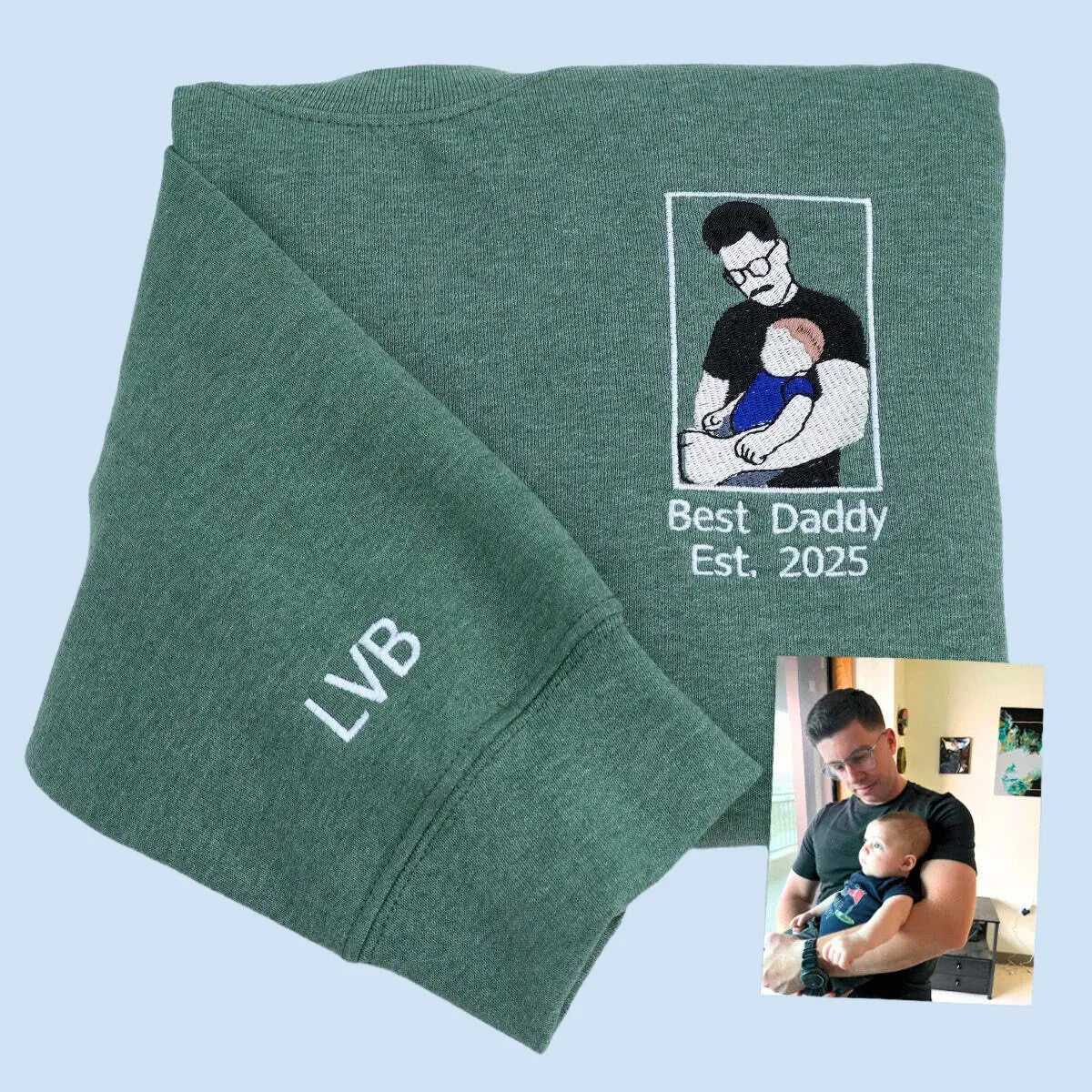 Personalized Dad T-Shirt | Father's Day Gift with Embroidered Photo Portrait | New Dad Sweatshirt & Hoodie Options