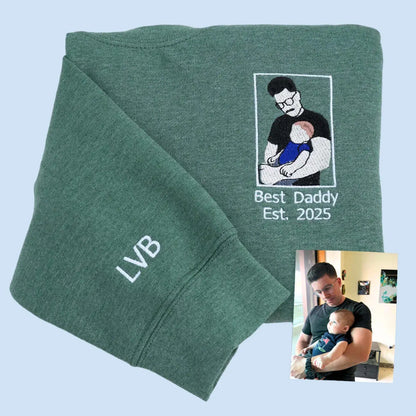 Personalized Dad T-Shirt | Father's Day Gift with Embroidered Photo Portrait | New Dad Sweatshirt & Hoodie Options