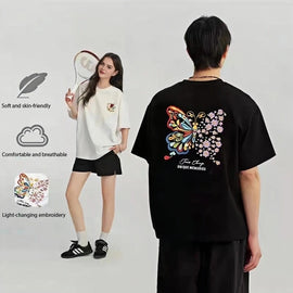 New Arrivals Summer UV-Chromic Butterfly Print Heavyweight Cotton Loose Crew Neck Couple Tee