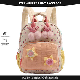 Kids Cute Canvas Backpack: Strawberry Print & Dopamine Color Block – Perfect for School Daily Use