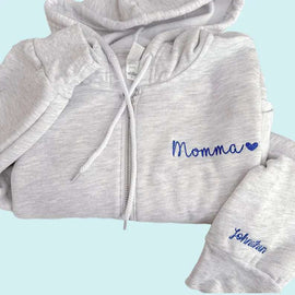 Unique Custom Embroidered Zip Up Hoodie! Custom Kids Names Sleeve - Cherished Gift for Moms, Grandmas & Grandparents