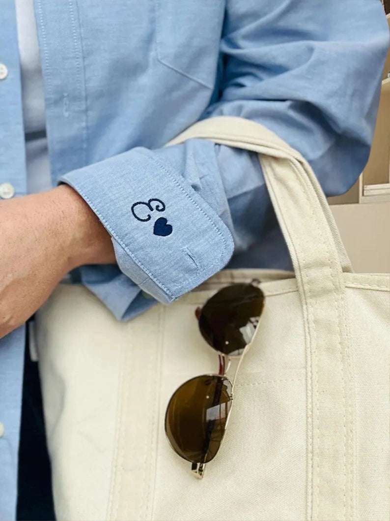 Custom Cuff Detail Button Down Shirt | Bridal Party & Minimalist Wedding Day Attire | Mini Monogram Coastal Oxford Shirt