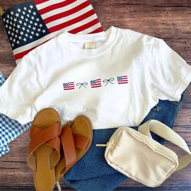 Embroidered American Flag & Dainty Bow Comfort Colors Tee | Coquette Style Patriotic Shirt for 4th of July & Patriotic Events