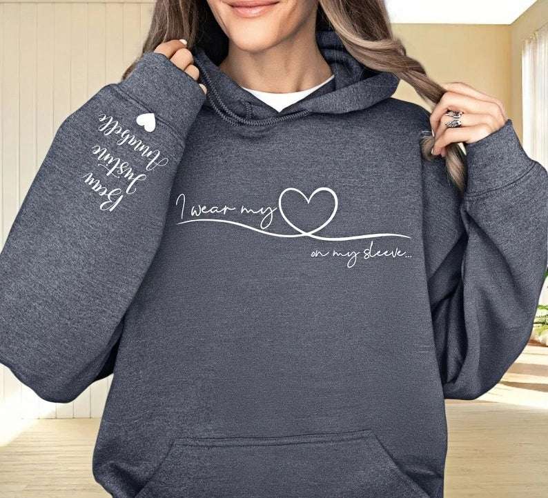 Personalized Mom Hoodie with Kids' Names, "I Wear My Heart On My Sleeve" Embroidered Design, Mama Custom Sweatshirt, Mother's Day Gift from Children, Unique Personal Gift for Mom