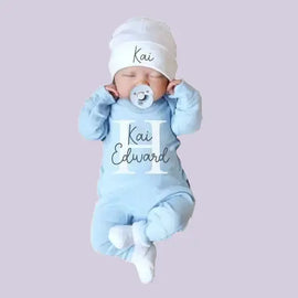Custom Personalized Newborn Baby Coming Home Outfit - Monogrammed Sleeper, Embroidered Romper & Hat Set - Baby Girl & Boy Gift