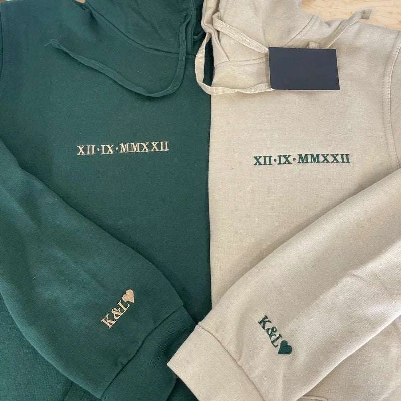 Embroidered Roman Numeral Matching Hoodies | Custom Anniversary Date Couple Set | Heart-Sleeved Initials Jumper - Perfect Boyfriend Gift