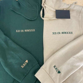Embroidered Roman Numeral Matching Hoodies | Custom Anniversary Date Couple Set | Heart-Sleeved Initials Jumper - Perfect Boyfriend Gift