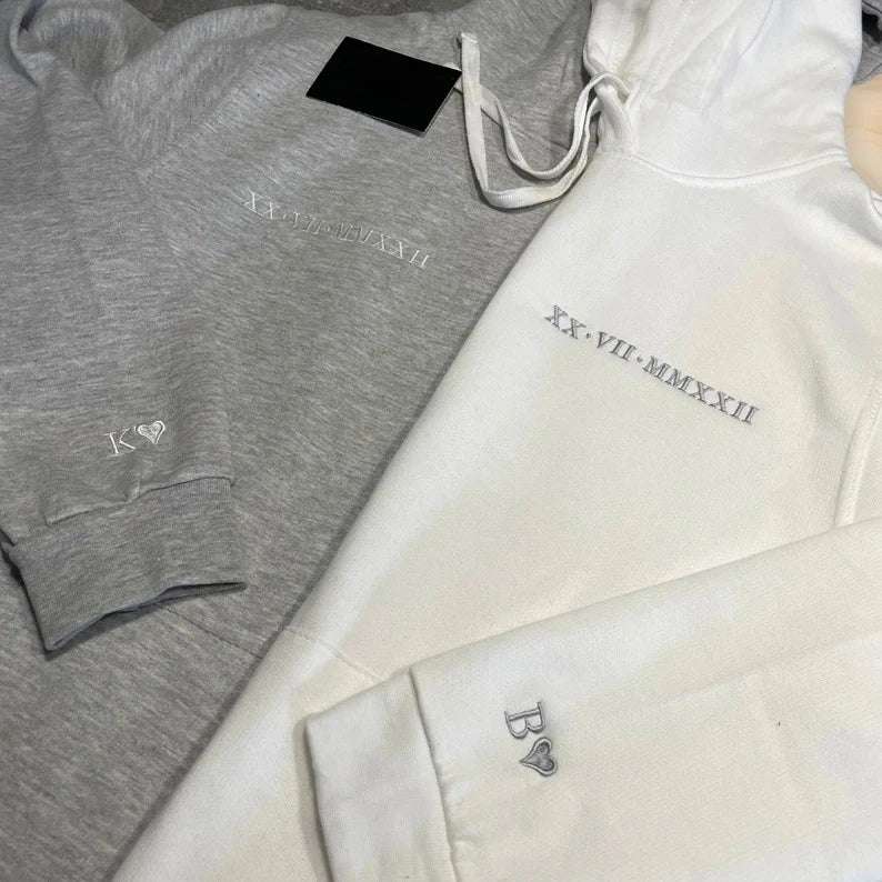 Embroidered Roman Numeral Matching Hoodies | Custom Anniversary Date Couple Set | Heart-Sleeved Initials Jumper - Perfect Boyfriend Gift