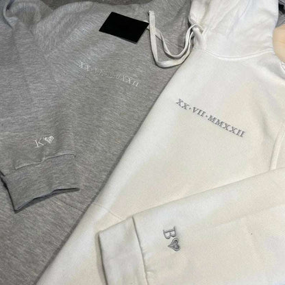 Embroidered Roman Numeral Matching Hoodies | Custom Anniversary Date Couple Set | Heart-Sleeved Initials Jumper - Perfect Boyfriend Gift