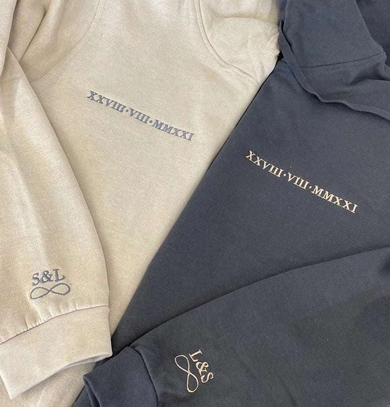 Embroidered Roman Numeral Matching Hoodies | Custom Anniversary Date Couple Set | Heart-Sleeved Initials Jumper - Perfect Boyfriend Gift