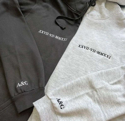 Embroidered Roman Numeral Matching Hoodies | Custom Anniversary Date Couple Set | Heart-Sleeved Initials Jumper - Perfect Boyfriend Gift