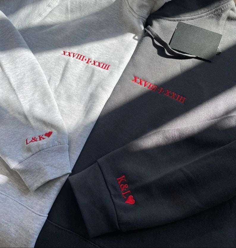 Embroidered Roman Numeral Matching Hoodies | Custom Anniversary Date Couple Set | Heart-Sleeved Initials Jumper - Perfect Boyfriend Gift