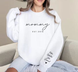 Personalized Mama Sweatshirt! Kid Names on Sleeve - Heartwarming Mothers Day/Birthday/New Mom Gift, Minimalist Style