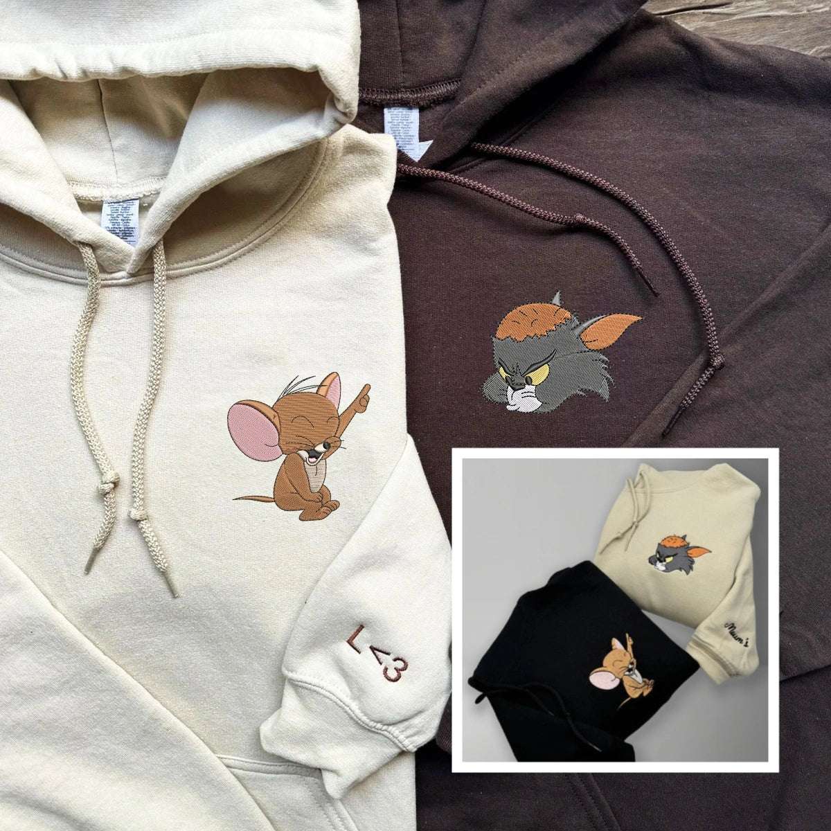 Unleash Your Fun Side: Personalized Couples Hoodies Featuring Cartoon Tom & Mouse Embroidery