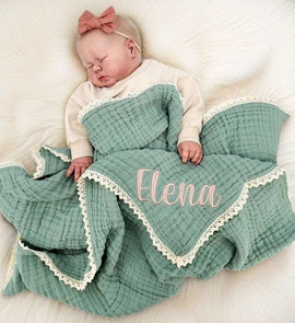 Baby Shower Gift Set | Organic Muslin Swaddle Blanket with Embroidered Name | Personalized Newborn Blanket