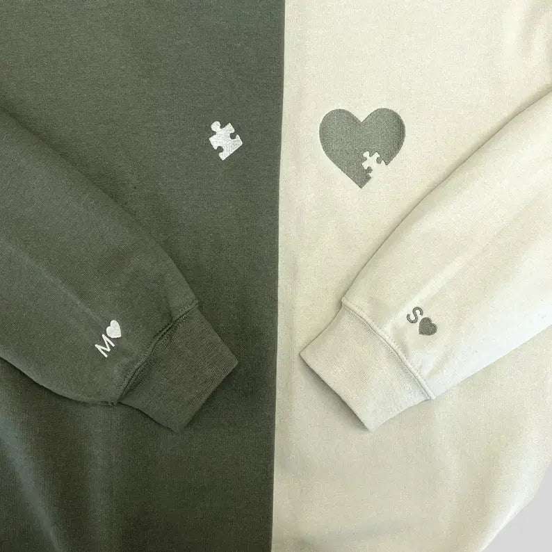 Matching Puzzle Heart Couple Hoodies - Custom Initial Gift
