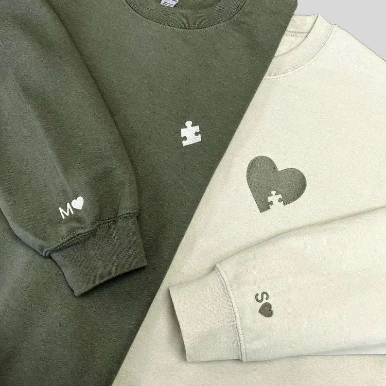 Matching Puzzle Heart Couple Hoodies - Custom Initial Gift