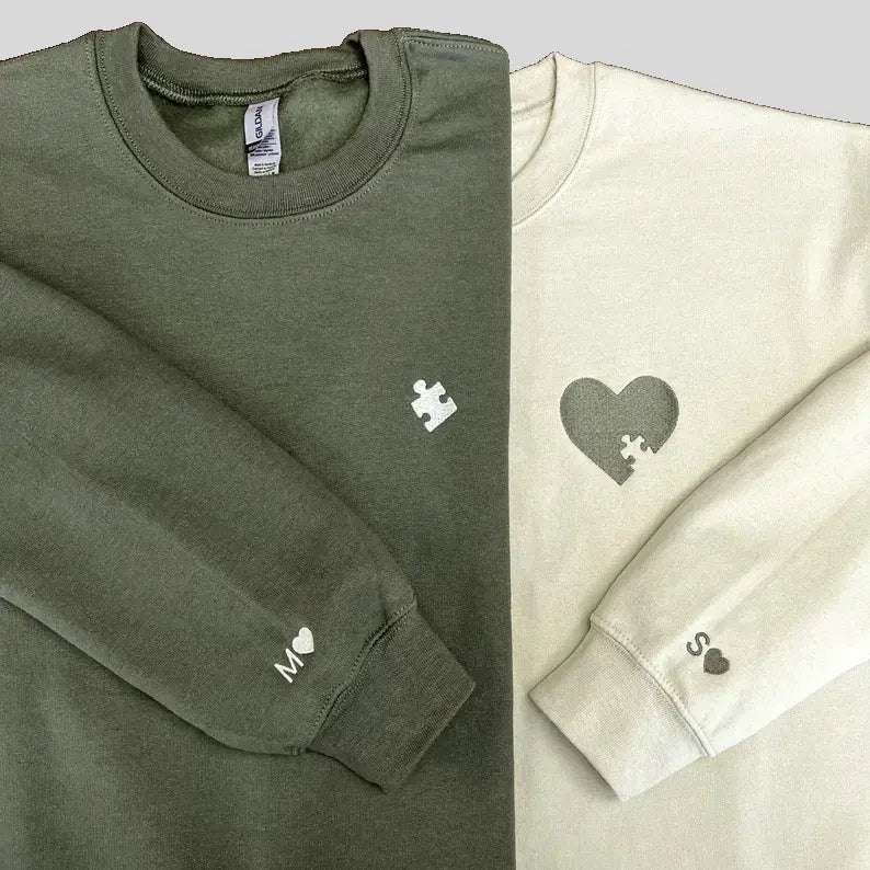 Matching Puzzle Heart Couple Hoodies - Custom Initial Gift