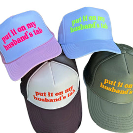 Hilarious "Put It On My Husband's Tab" Embroidery - Bride's Pink Trucker Cap Gift