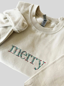 Merry Christmas Floral Embroidered Sweatshirt | Custom Xmas Gift Idea