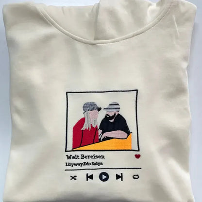 Custom music player embroidered T-shirt for two people photo - Tiuous