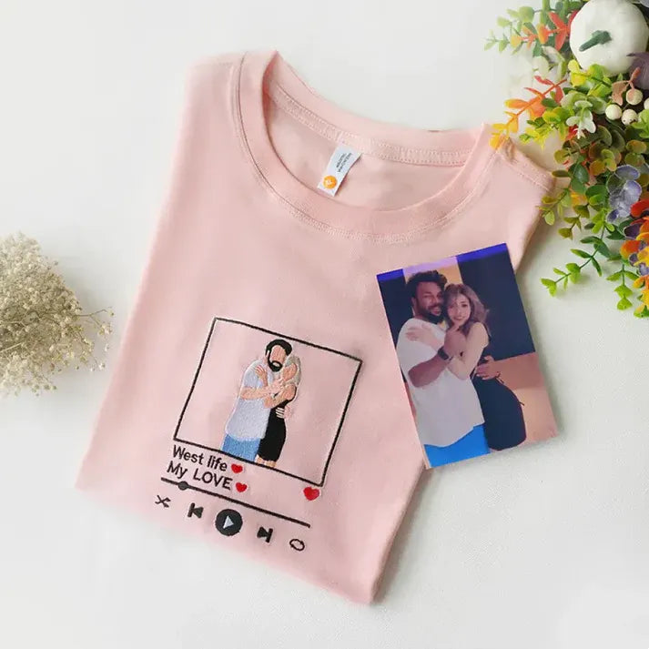 Customized embroidered T-shirts for couples, music player borders can be added - Tiuous